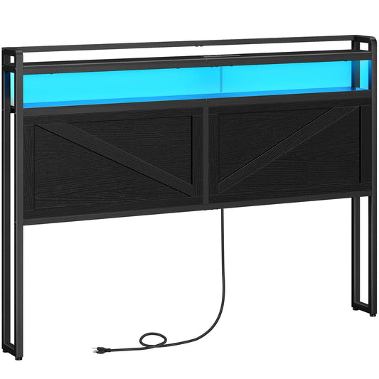 Queen Size Headboard with Charging Station, LED - Black