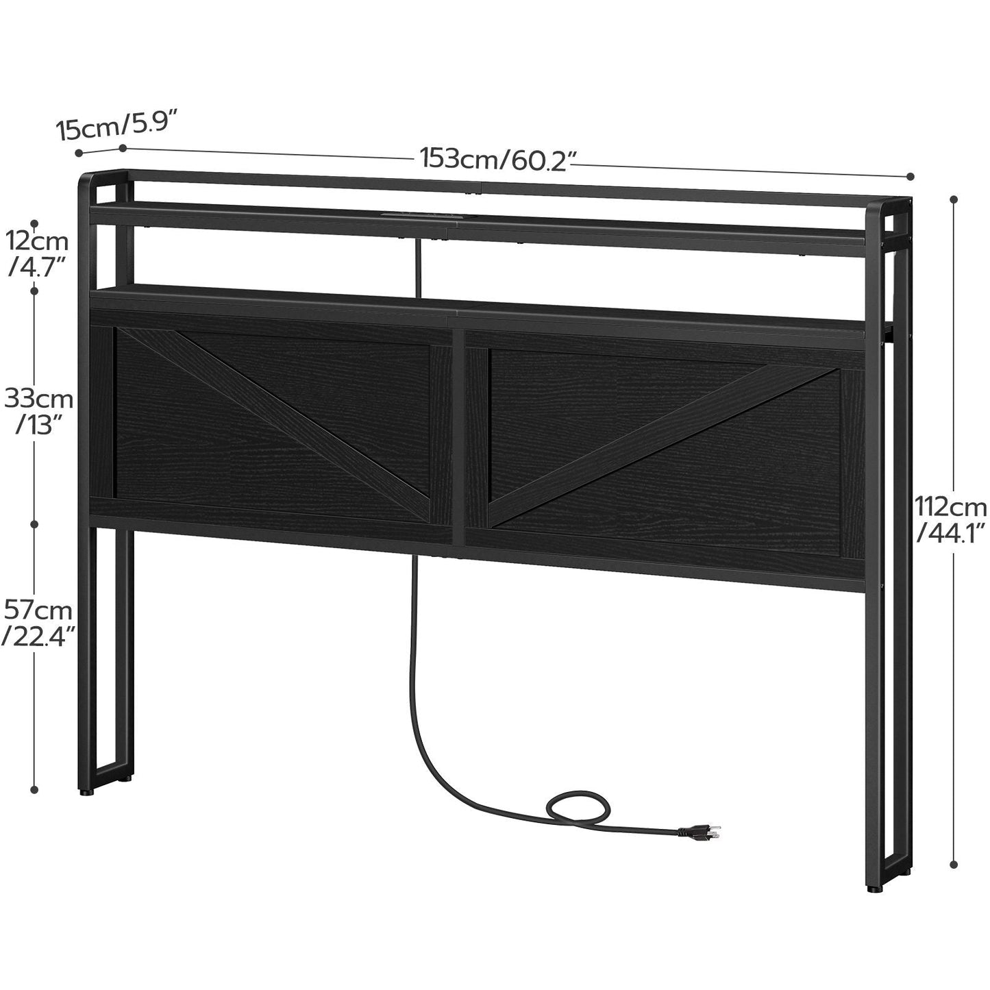 Queen Size Headboard with Charging Station, LED - Black
