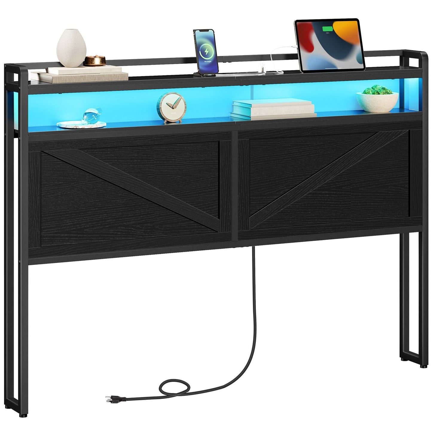 Queen Size Headboard with Charging Station, LED - Black