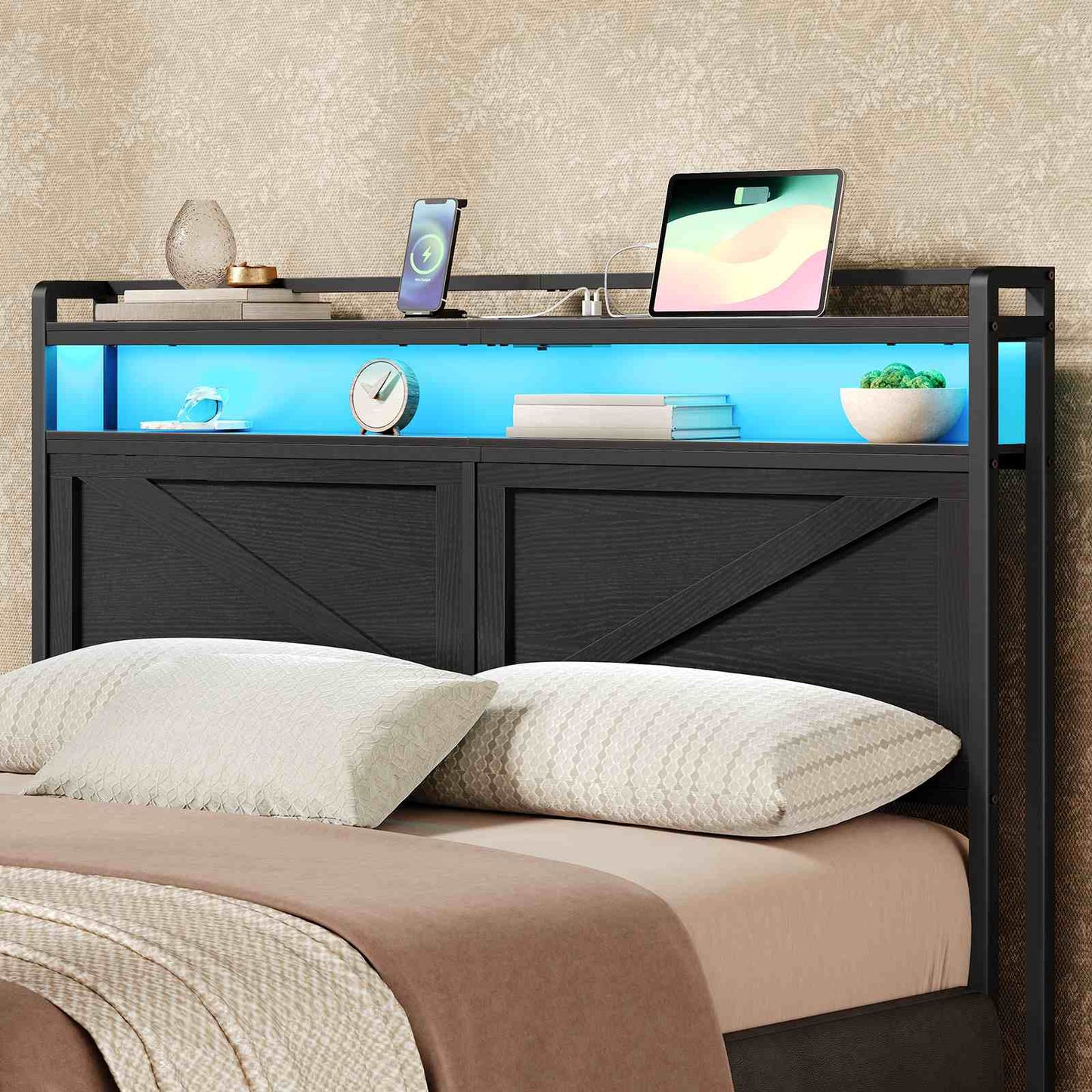 Queen Size Headboard with Charging Station, LED - Black