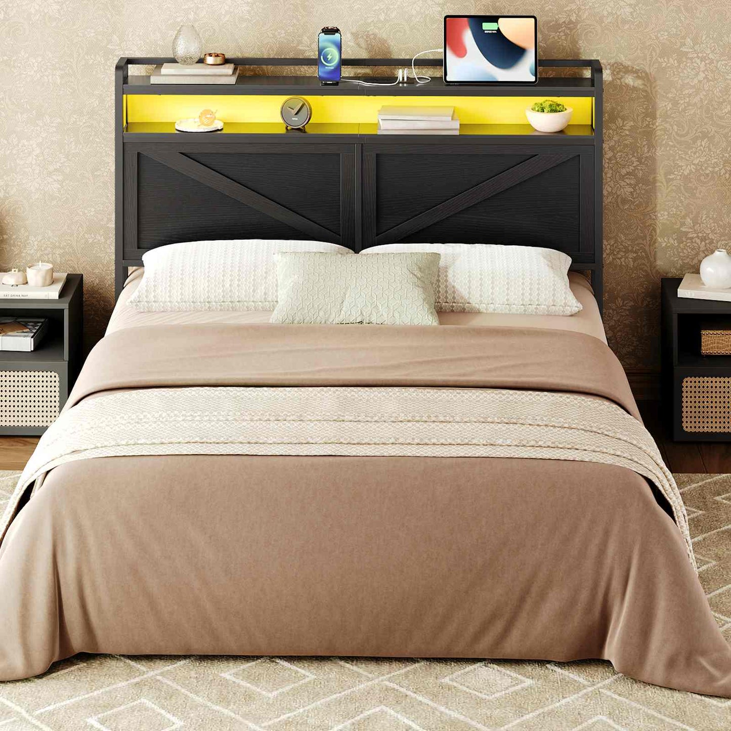 Queen Size Headboard with Charging Station, LED - Black