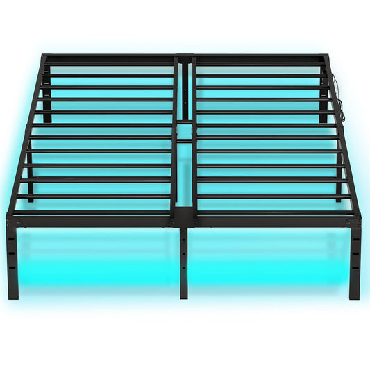 Full Bed Frame with LED Lights Charging Station - Black