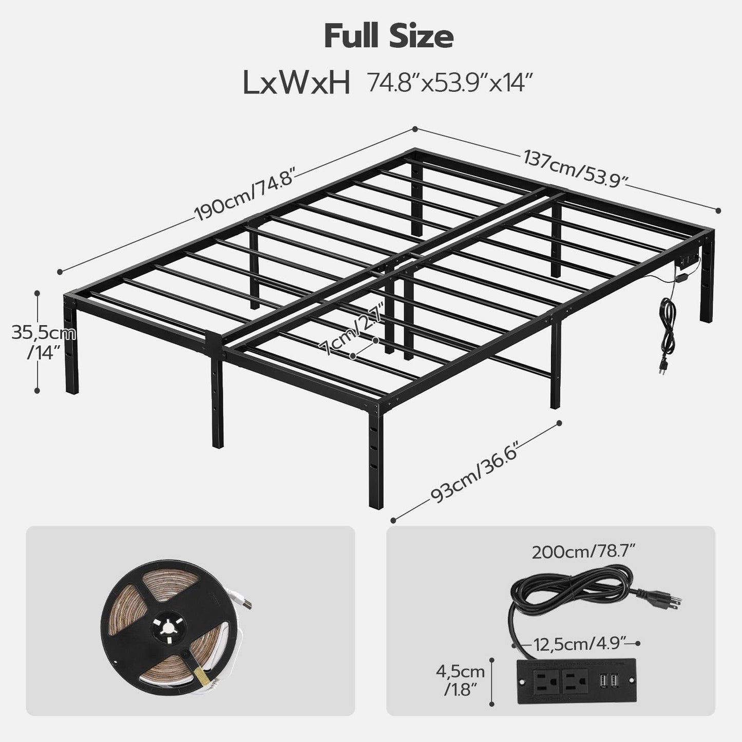 Full Bed Frame with LED Lights Charging Station - Black