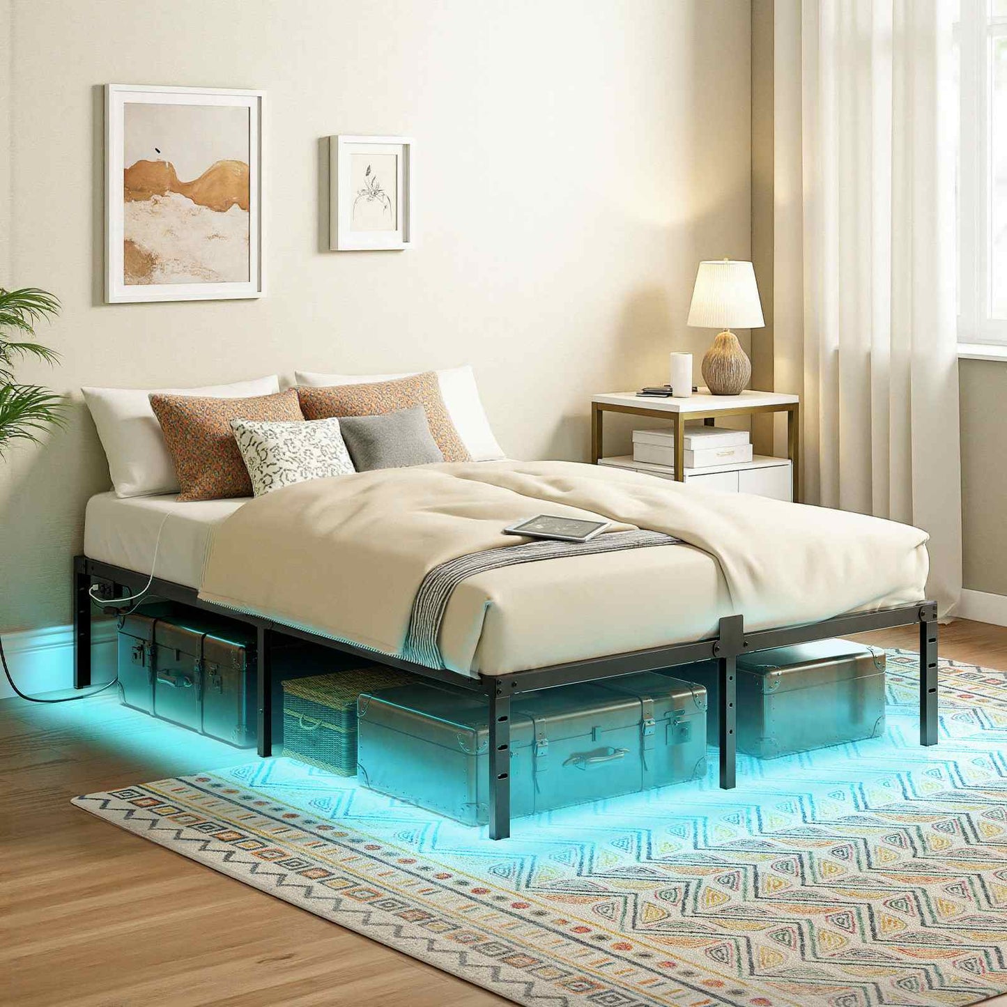 Full Bed Frame with LED Lights Charging Station - Black