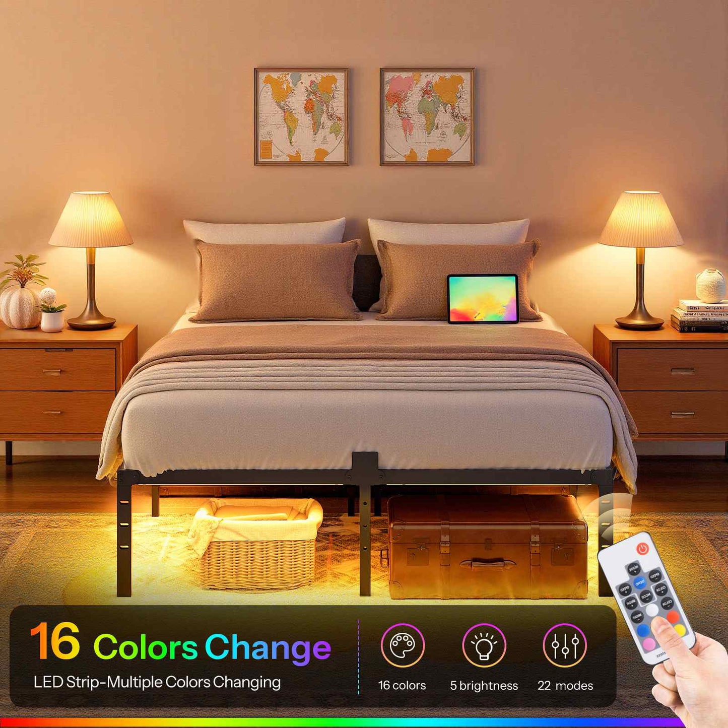 Full Bed Frame with LED Lights Charging Station - Black
