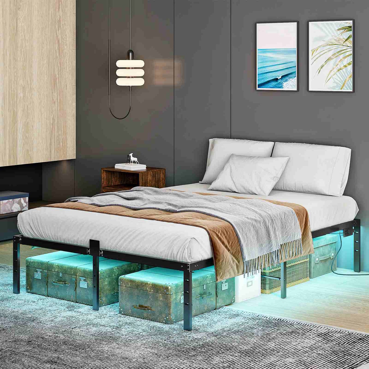 Full Bed Frame with LED Lights Charging Station - Black