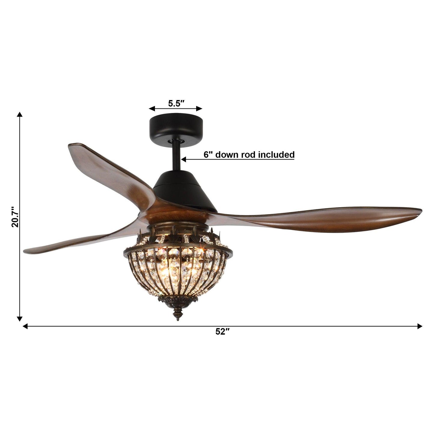 52" Vicky Indoor 3-Blade Rustic Crystal Ceiling Fan With Remote And Light Kit Included