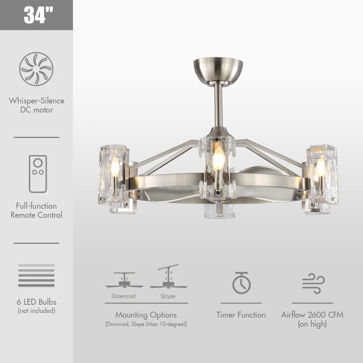 34" Bucholz Modern DC Motor Brushed Nickel Downrod Mount Reversible Ceiling Fan with LED Lighting and Remote Control