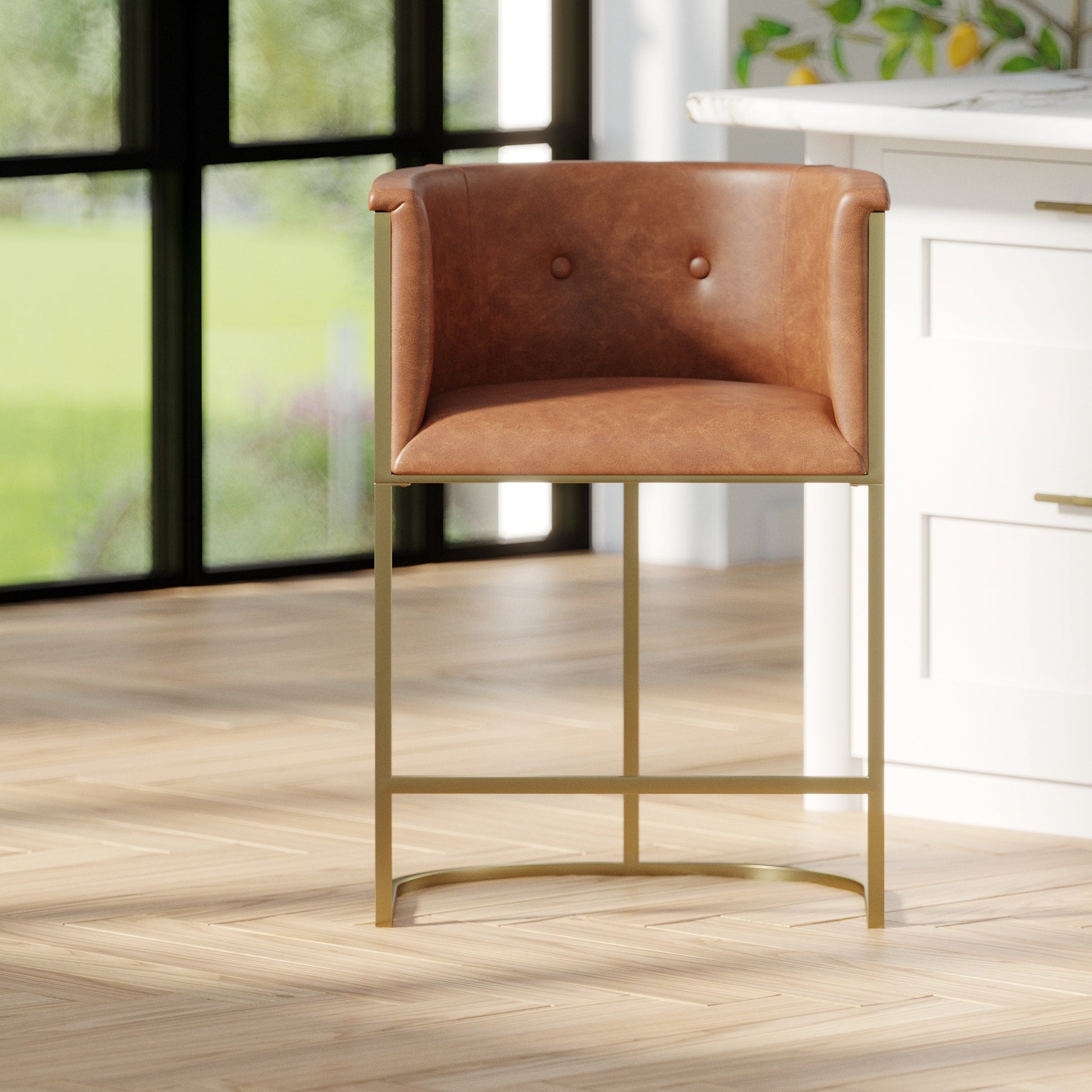Greensboro Barstool in Brown with a cushioned seat and polished brass accents in a modern setting.