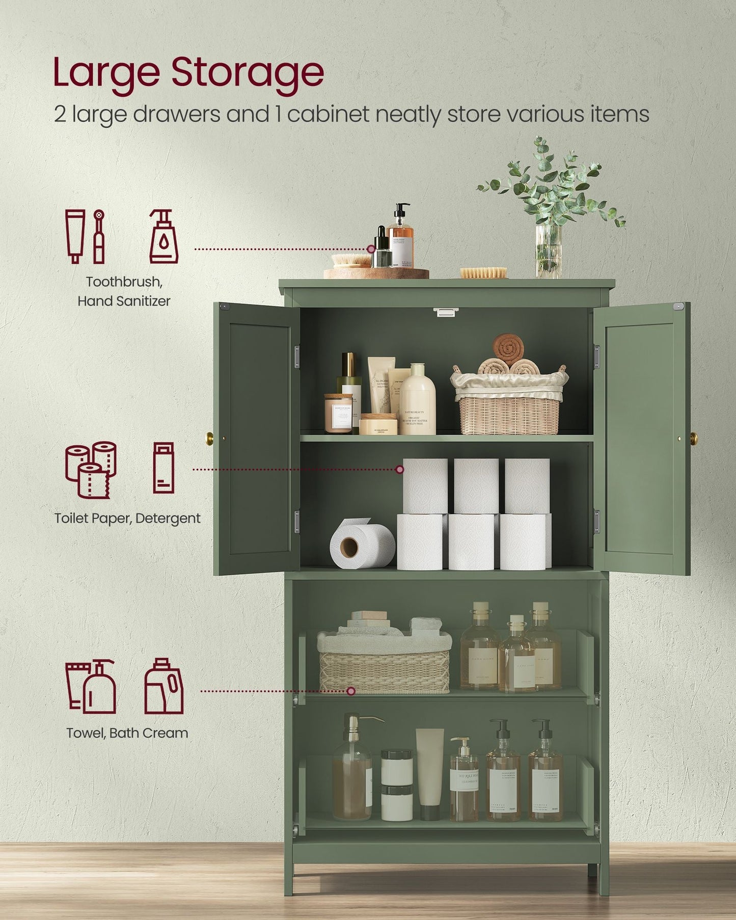 Bathroom Floor Storage Cabinet with 2 Drawers and 2 Doors