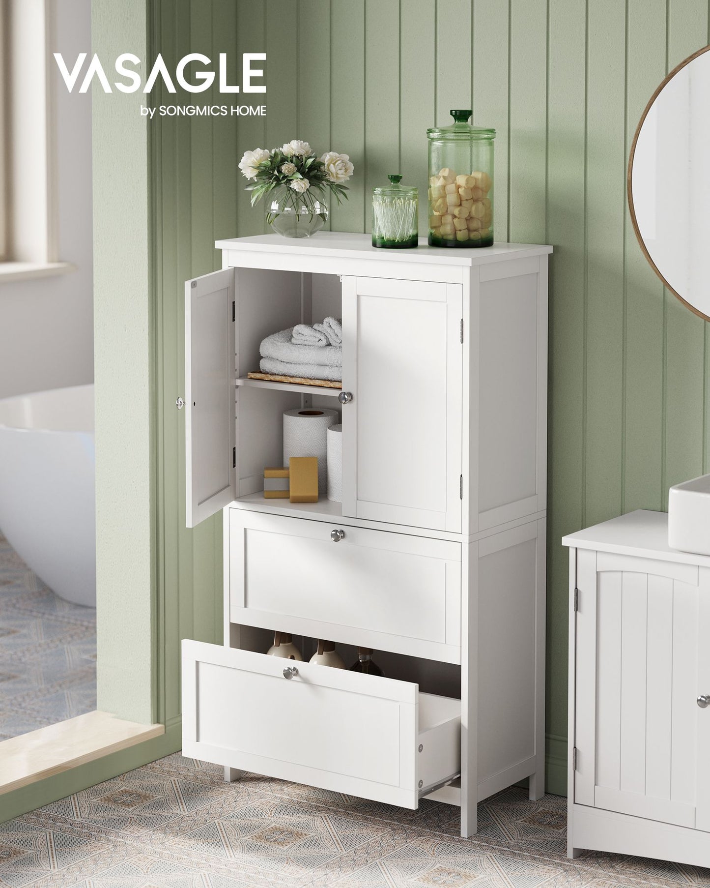 Bathroom Floor Storage Cabinet with 2 Drawers and 2 Doors