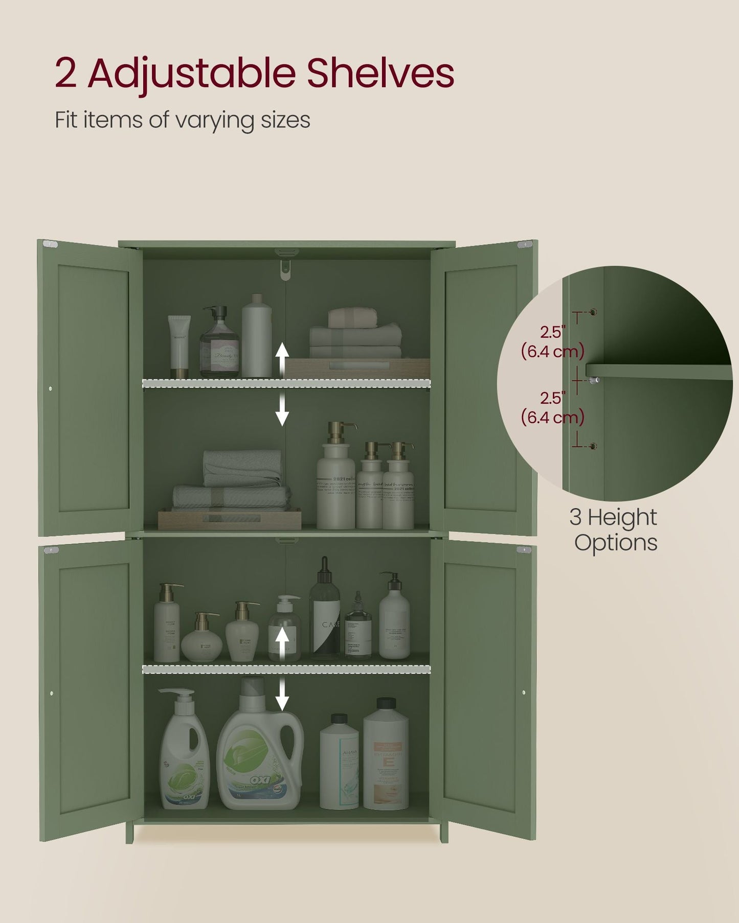 Floor Storage Cabinet, Shaker Cabinet with 2 Adjustable Shelves