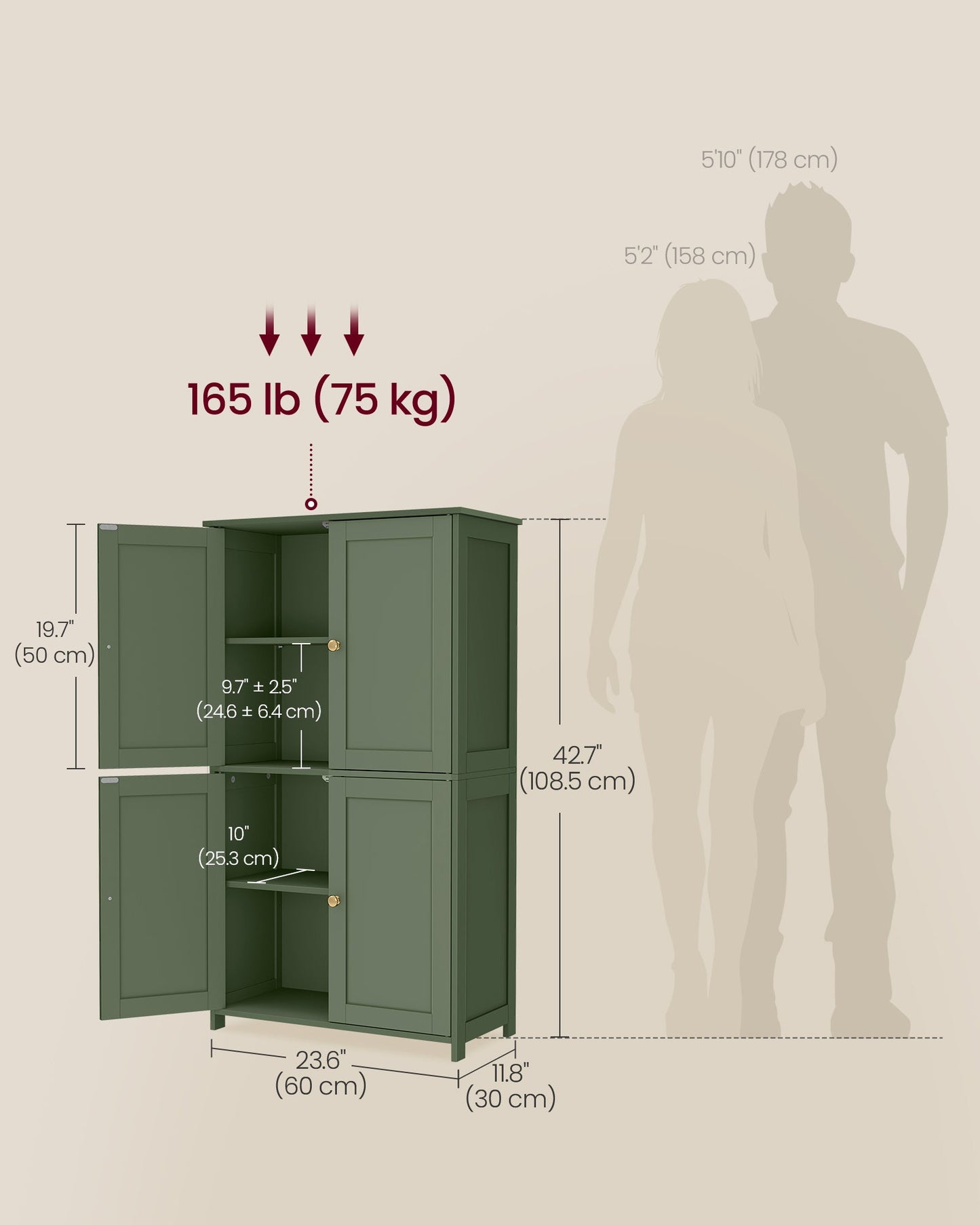 Floor Storage Cabinet, Shaker Cabinet with 2 Adjustable Shelves