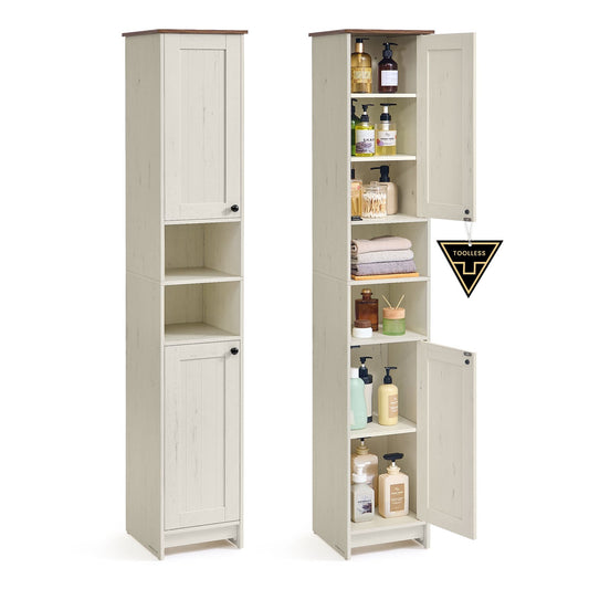 Tall Storage Cabinet, Superfast Toolless Assembly, Slim Narrow Standing Cabinet with Adjustable Shelves, Open Compartments, for Bathroom Living Room, Rustic White