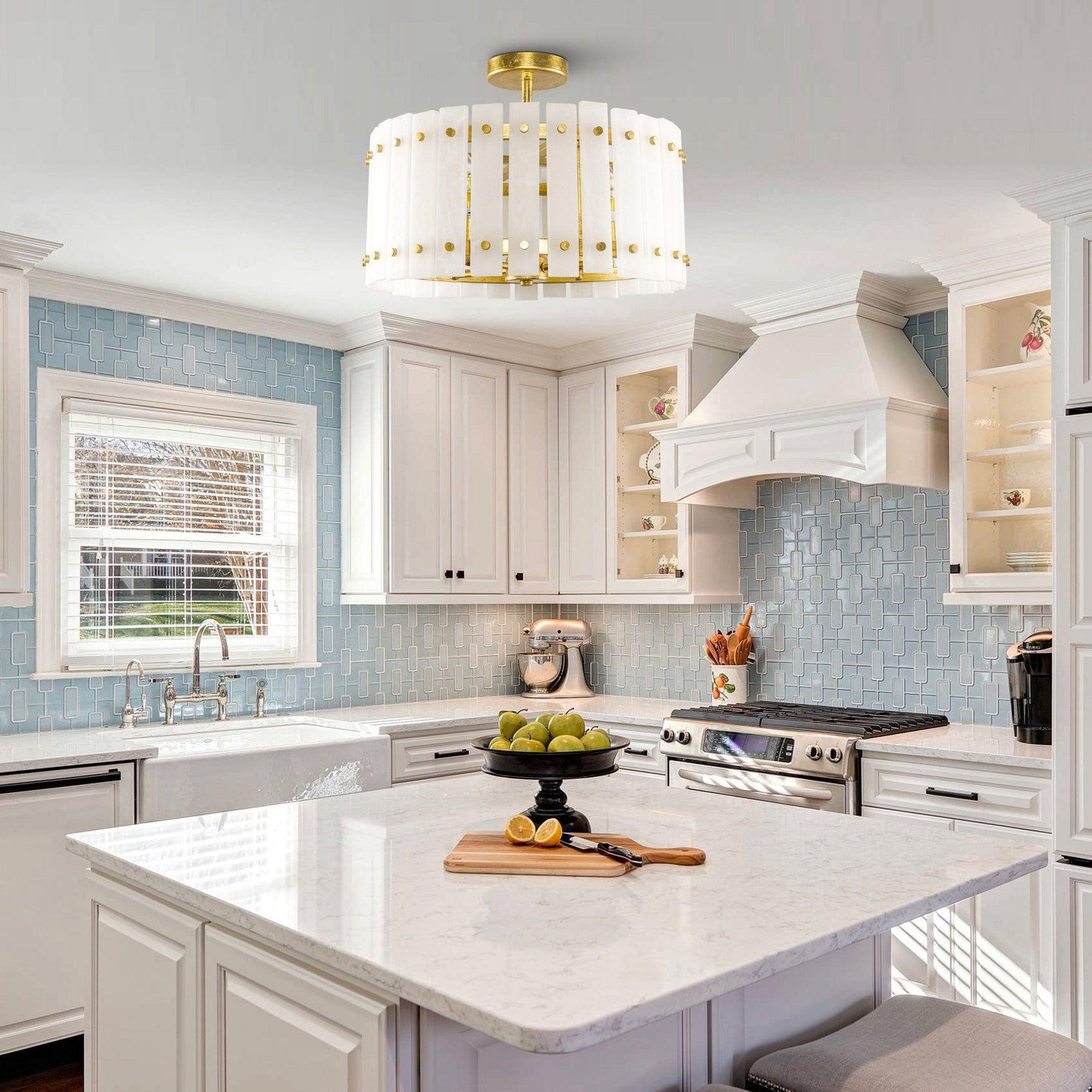 4-Light Modern Drum Marble Semi Flush Mount Ceiling Light