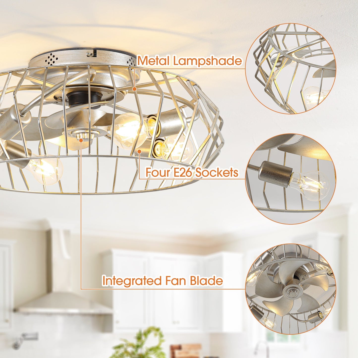 20 Inch Silver Flush Mount Ceiling Fan with Light APP and Remote Control