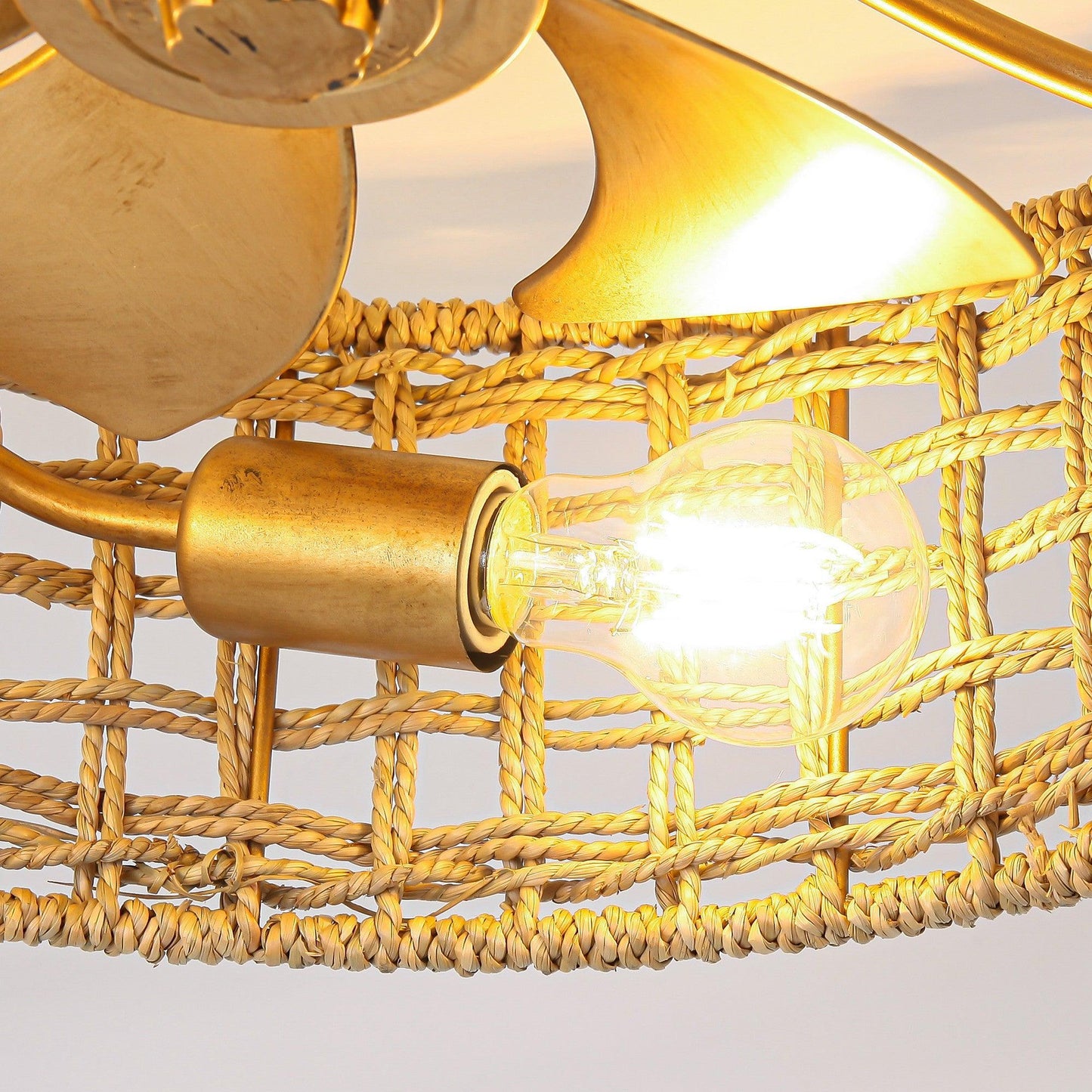 18 Inch Vintage Gold Farmhouse Rattan Flush Mount Ceiling Fan with Light APP and Remote Control