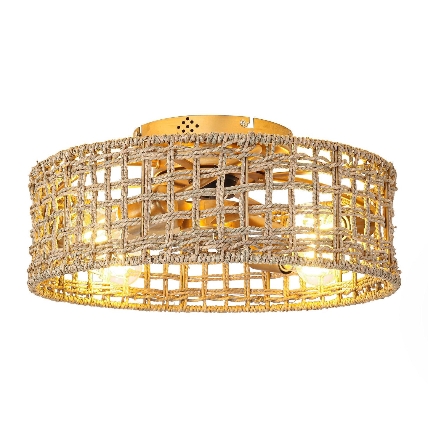 18 Inch Vintage Gold Farmhouse Rattan Flush Mount Ceiling Fan with Light APP and Remote Control