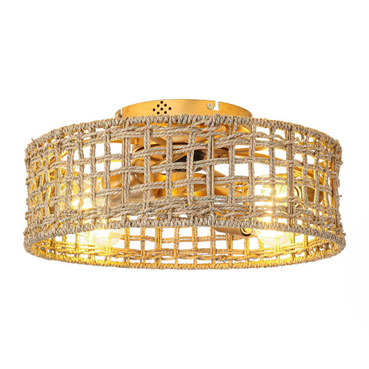 18 Inch Vintage Gold Farmhouse Rattan Flush Mount Ceiling Fan with Light APP and Remote Control