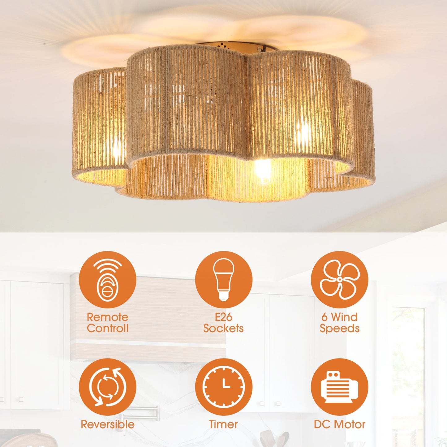 21 Inch Golden Flower-shape Farmhouse Rattan Flush Mount Ceiling Fan with Light APP and Remote Control