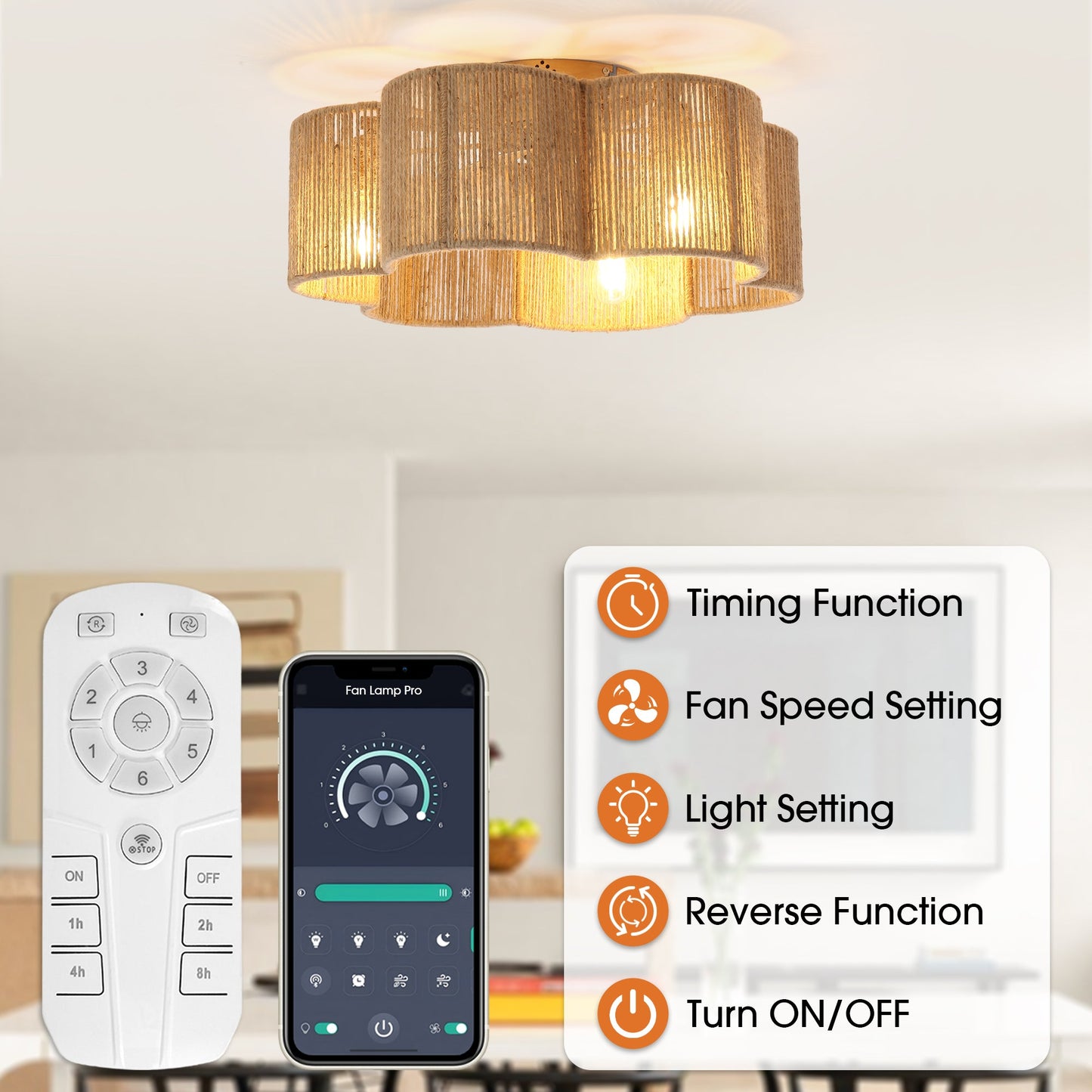 21 Inch Golden Flower-shape Farmhouse Rattan Flush Mount Ceiling Fan with Light APP and Remote Control