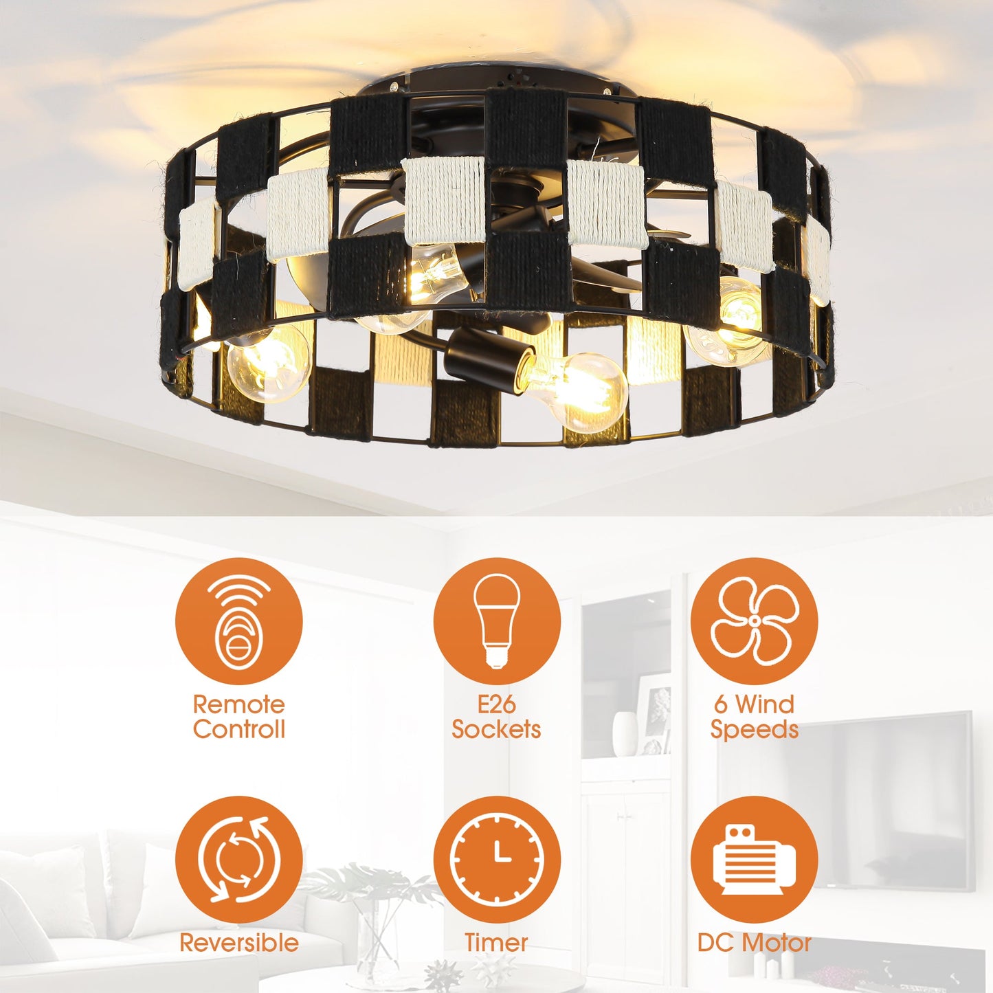 18 Inch Black Industrial Flush Mount Ceiling Fan with Light APP and Remote Control