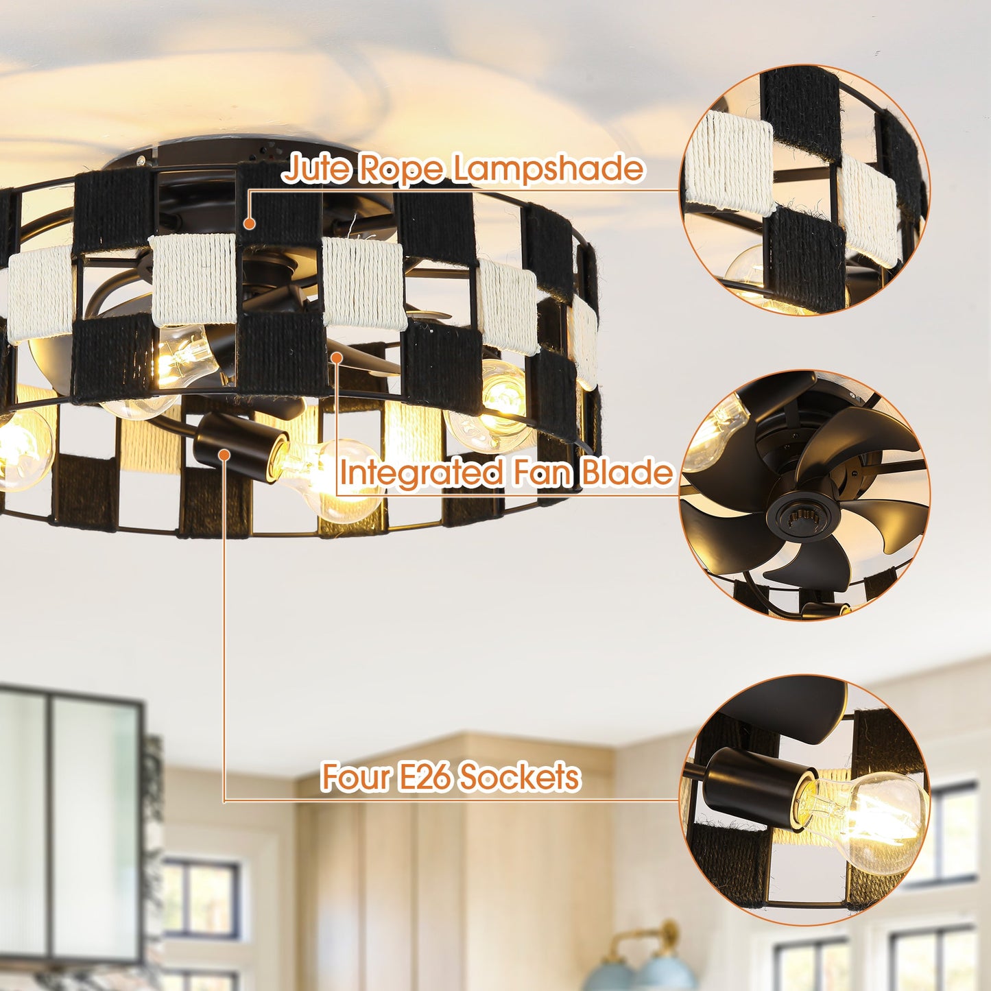 18 Inch Black Industrial Flush Mount Ceiling Fan with Light APP and Remote Control