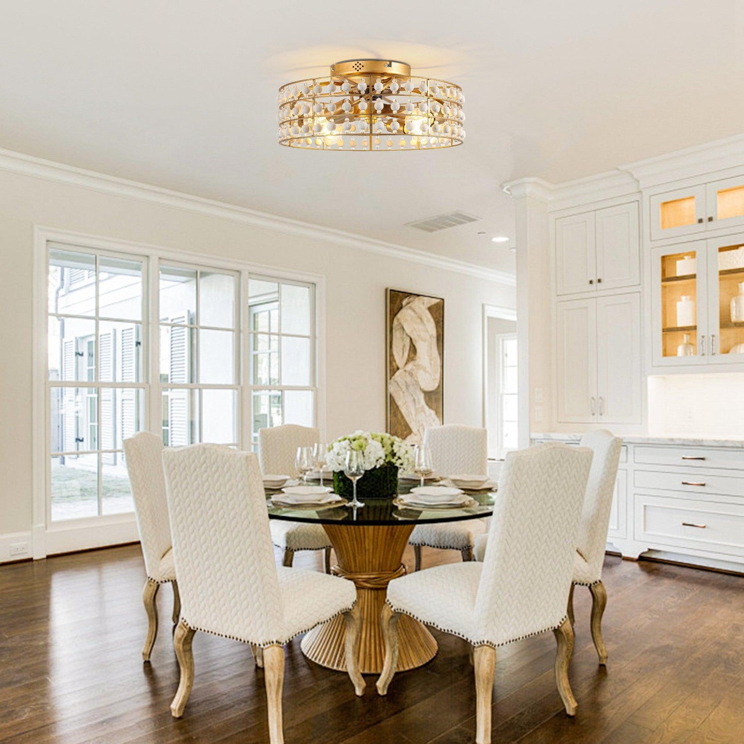 18 Inch Golden Farmhouse Wooden Beads Flush Mount Ceiling Fan with APP and Remote Control