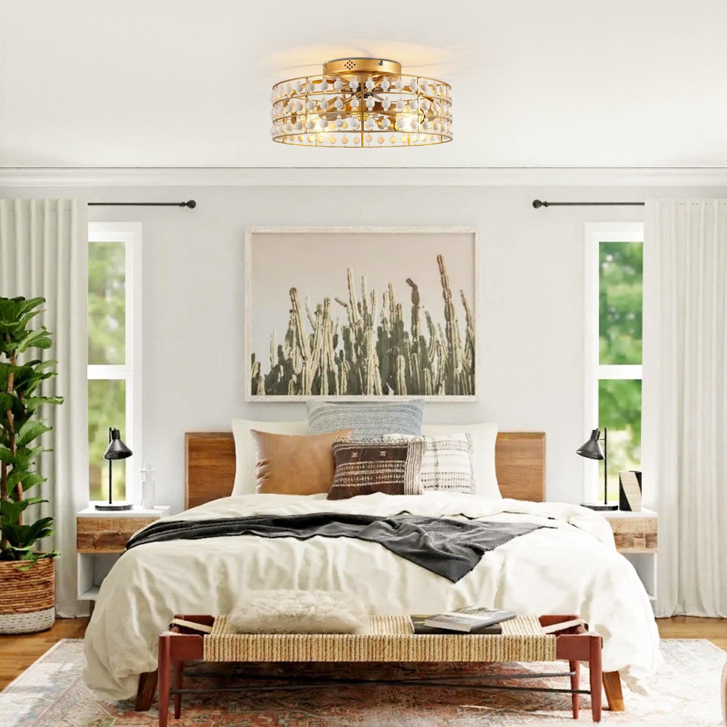 18 Inch Golden Farmhouse Wooden Beads Flush Mount Ceiling Fan with APP and Remote Control