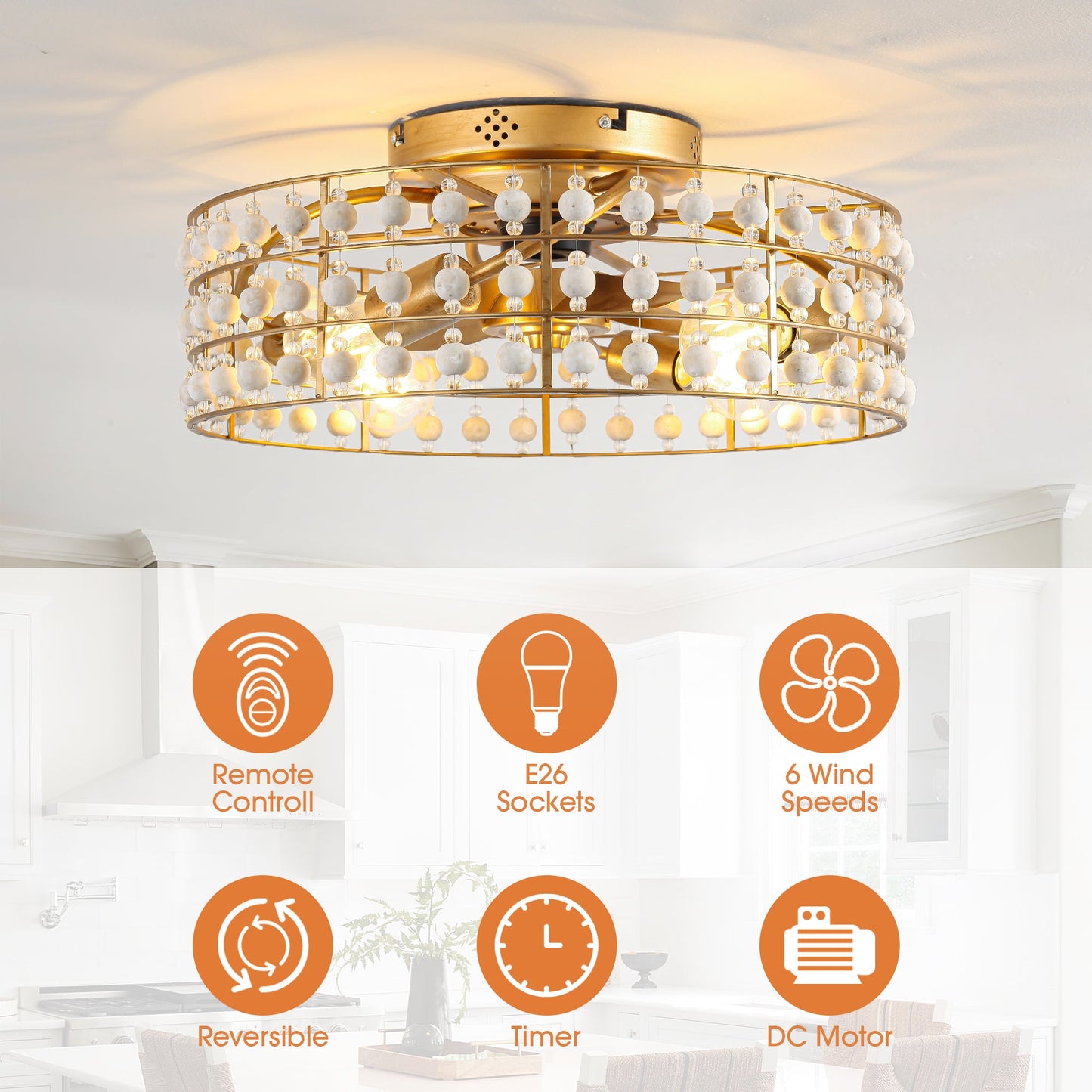 18 Inch Golden Farmhouse Wooden Beads Flush Mount Ceiling Fan with APP and Remote Control