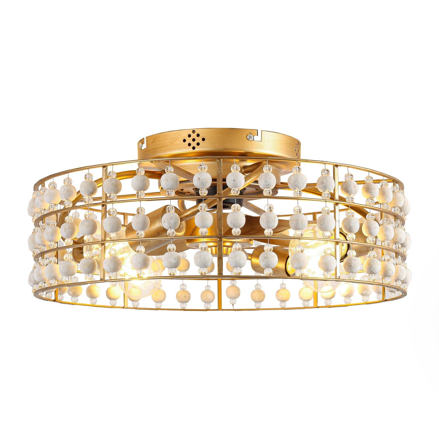 18 Inch Golden Farmhouse Wooden Beads Flush Mount Ceiling Fan with APP and Remote Control