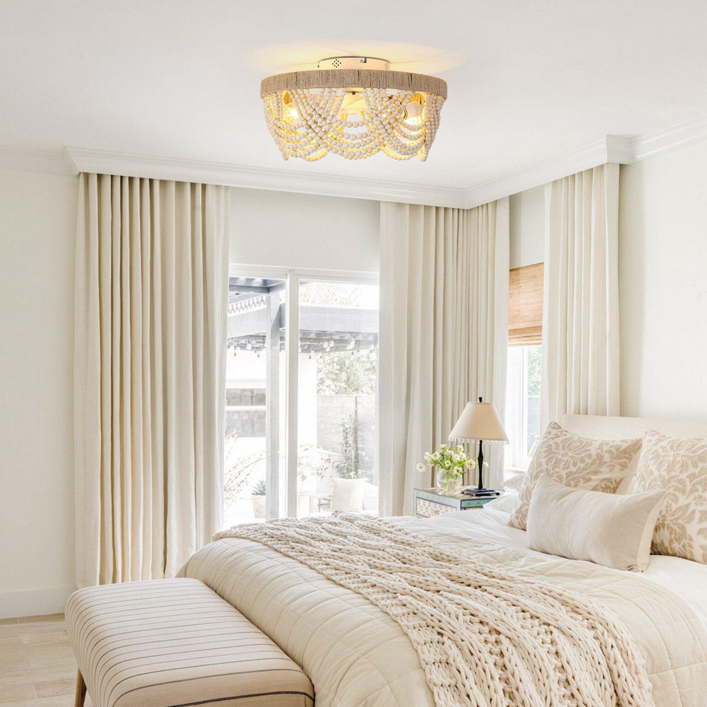 20 Inch White Farmhouse Handmade Wooden Beads Flush Mount Ceiling Fan with APP Remote Control and Lighting