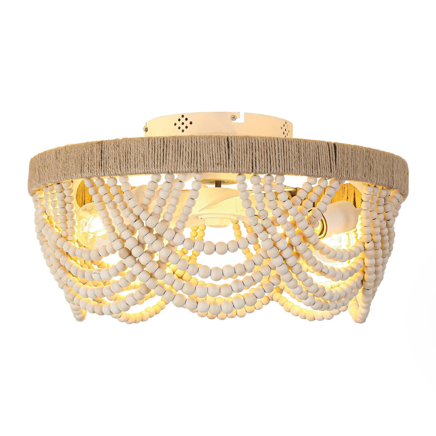 20 Inch White Farmhouse Handmade Wooden Beads Flush Mount Ceiling Fan with APP Remote Control and Lighting