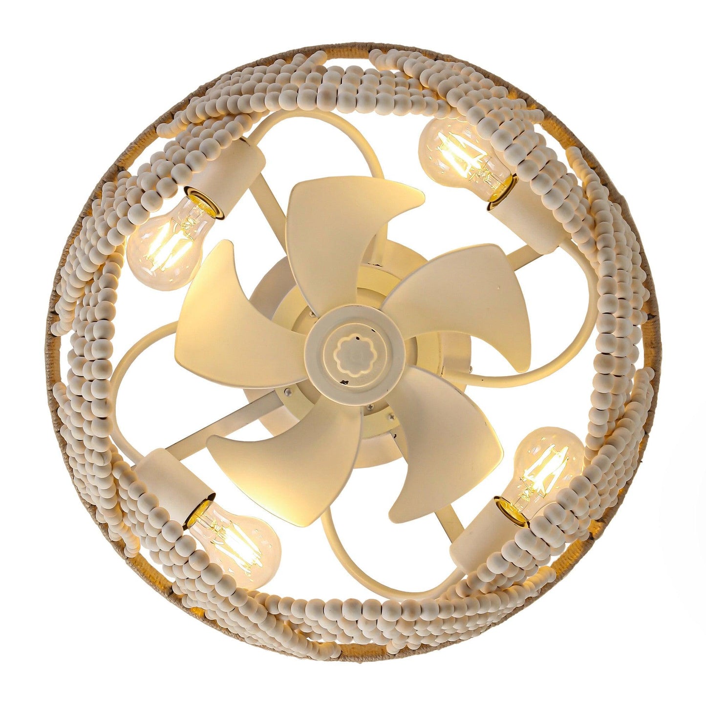 20 Inch White Farmhouse Handmade Wooden Beads Flush Mount Ceiling Fan with APP Remote Control and Lighting