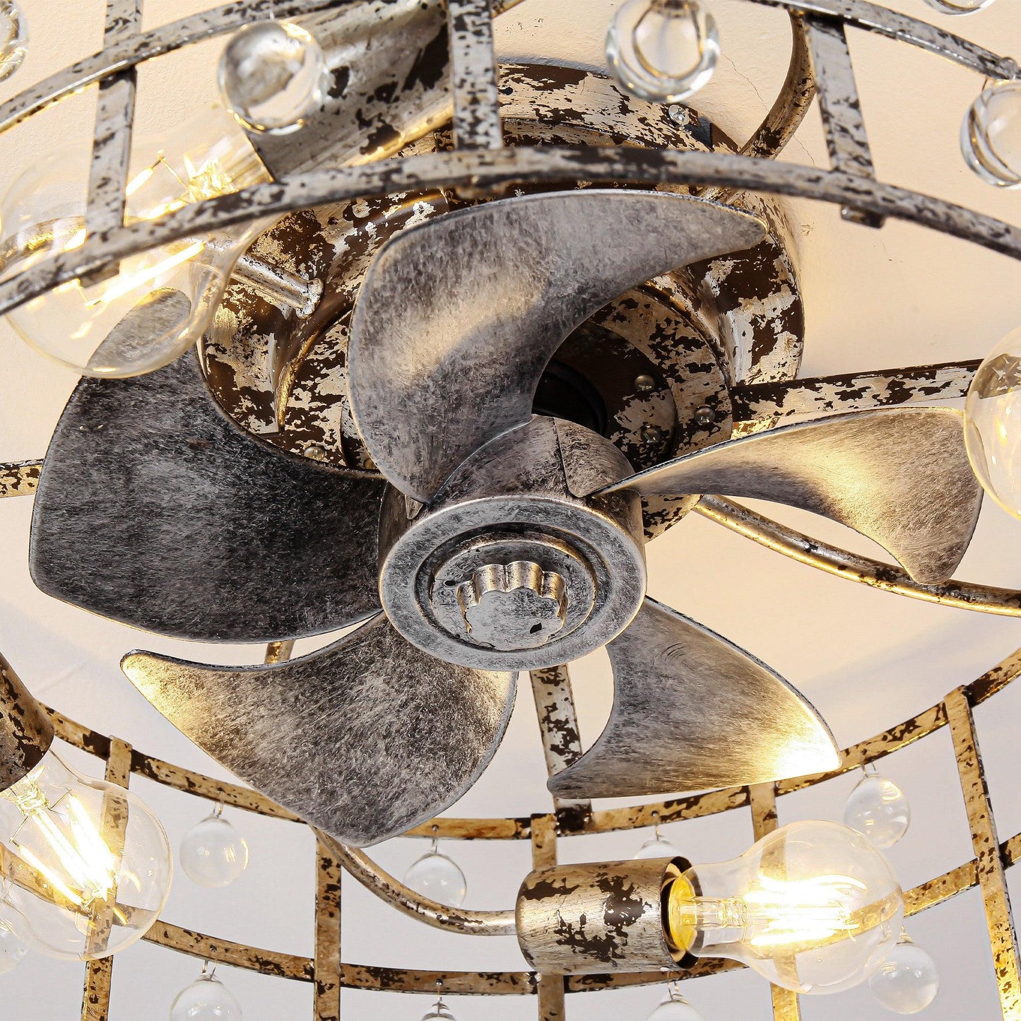 18 Inch Retro Silver Crystal Flush Mount Ceiling Fan with APP Remote Control and Lighting