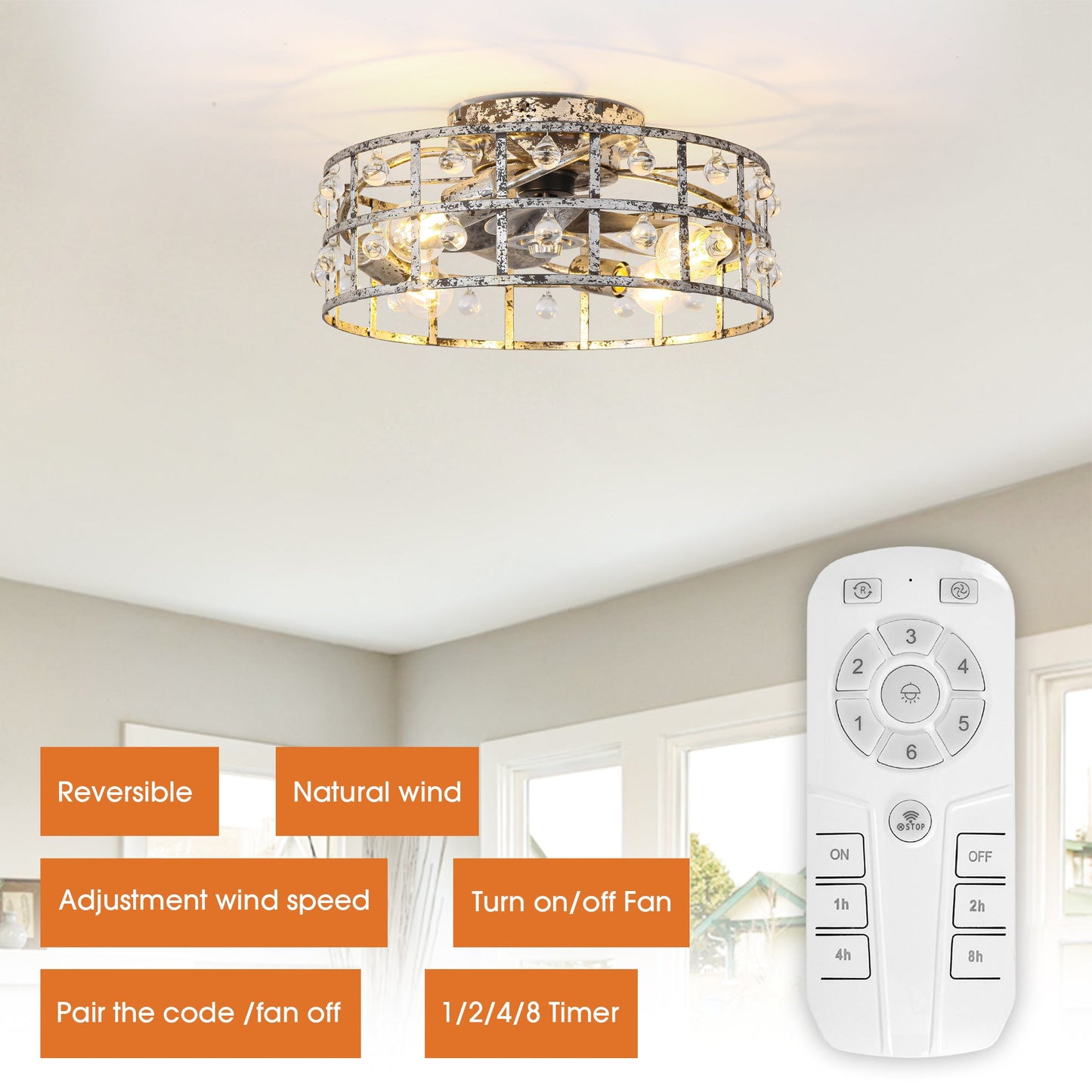 18 Inch Retro Silver Crystal Flush Mount Ceiling Fan with APP Remote Control and Lighting