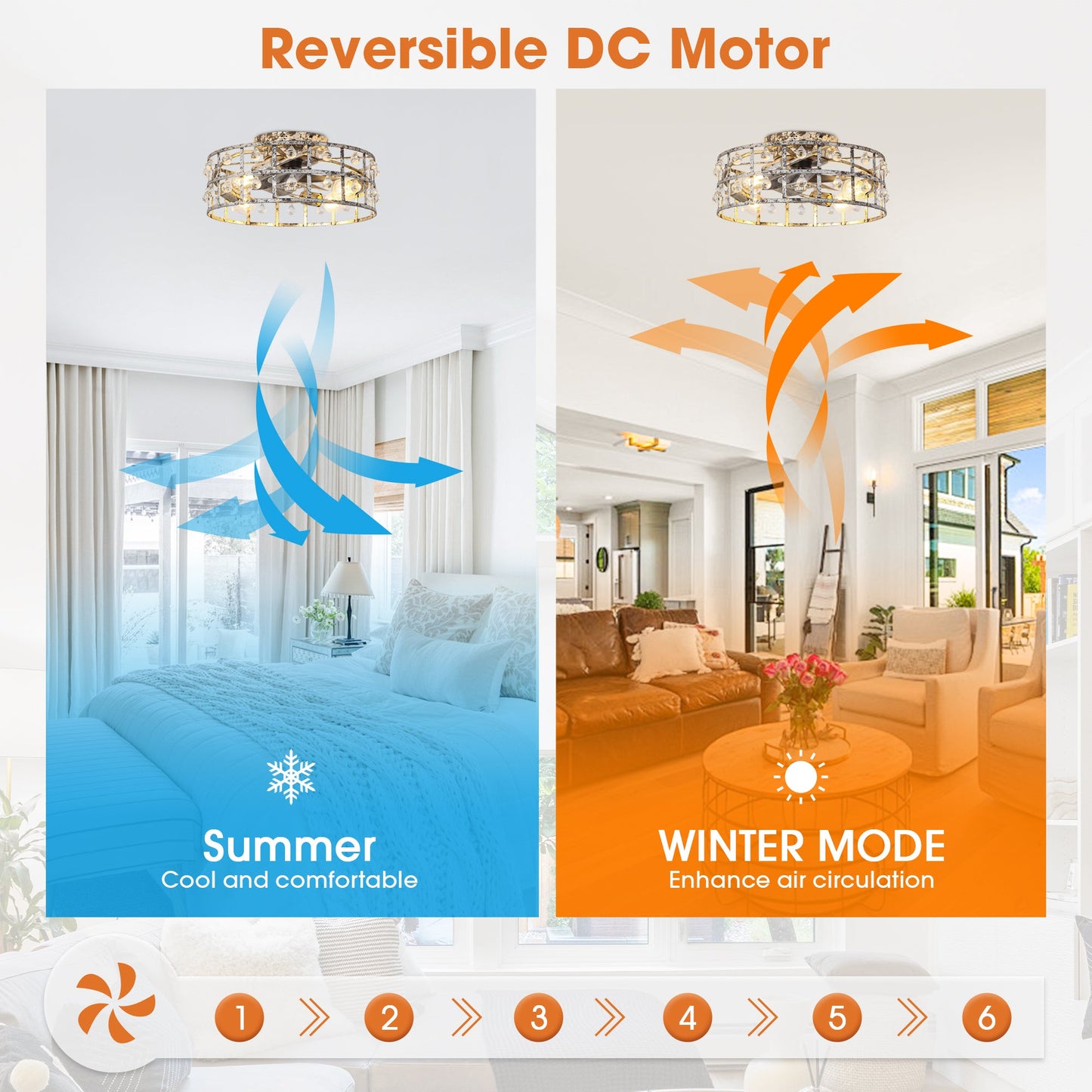 18 Inch Retro Silver Crystal Flush Mount Ceiling Fan with APP Remote Control and Lighting