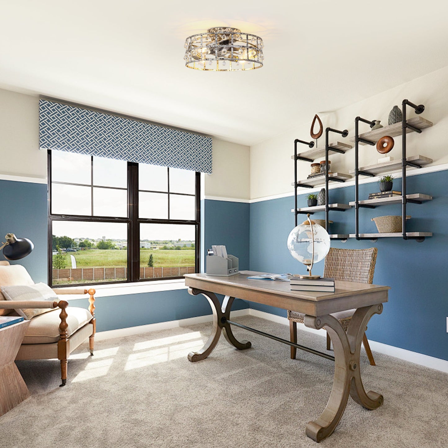 18 Inch Retro Silver Crystal Flush Mount Ceiling Fan with APP Remote Control and Lighting