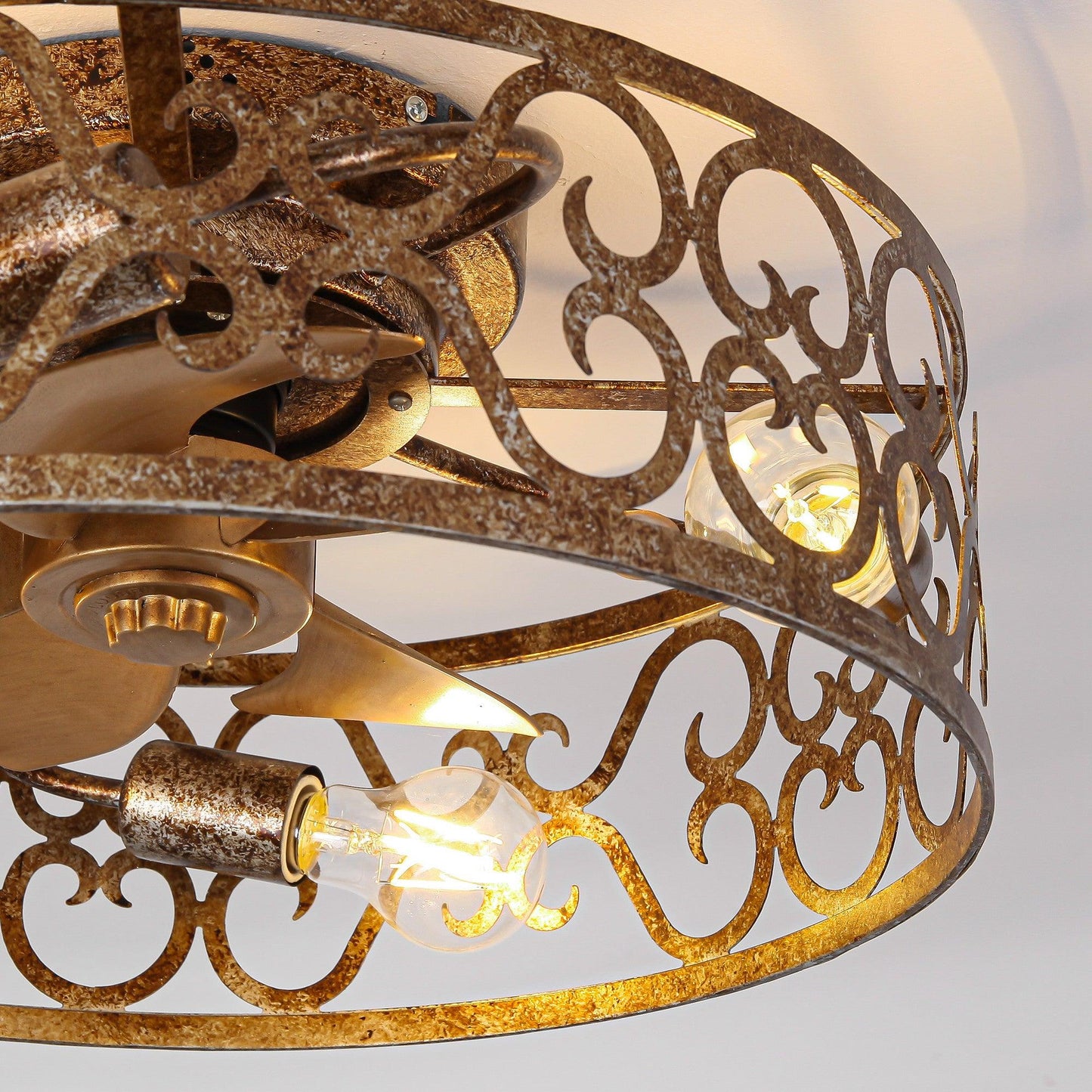 18 Inch Vintage Distressed Golden Industrial Flush Mount Ceiling Fan with Light APP and Remote Control