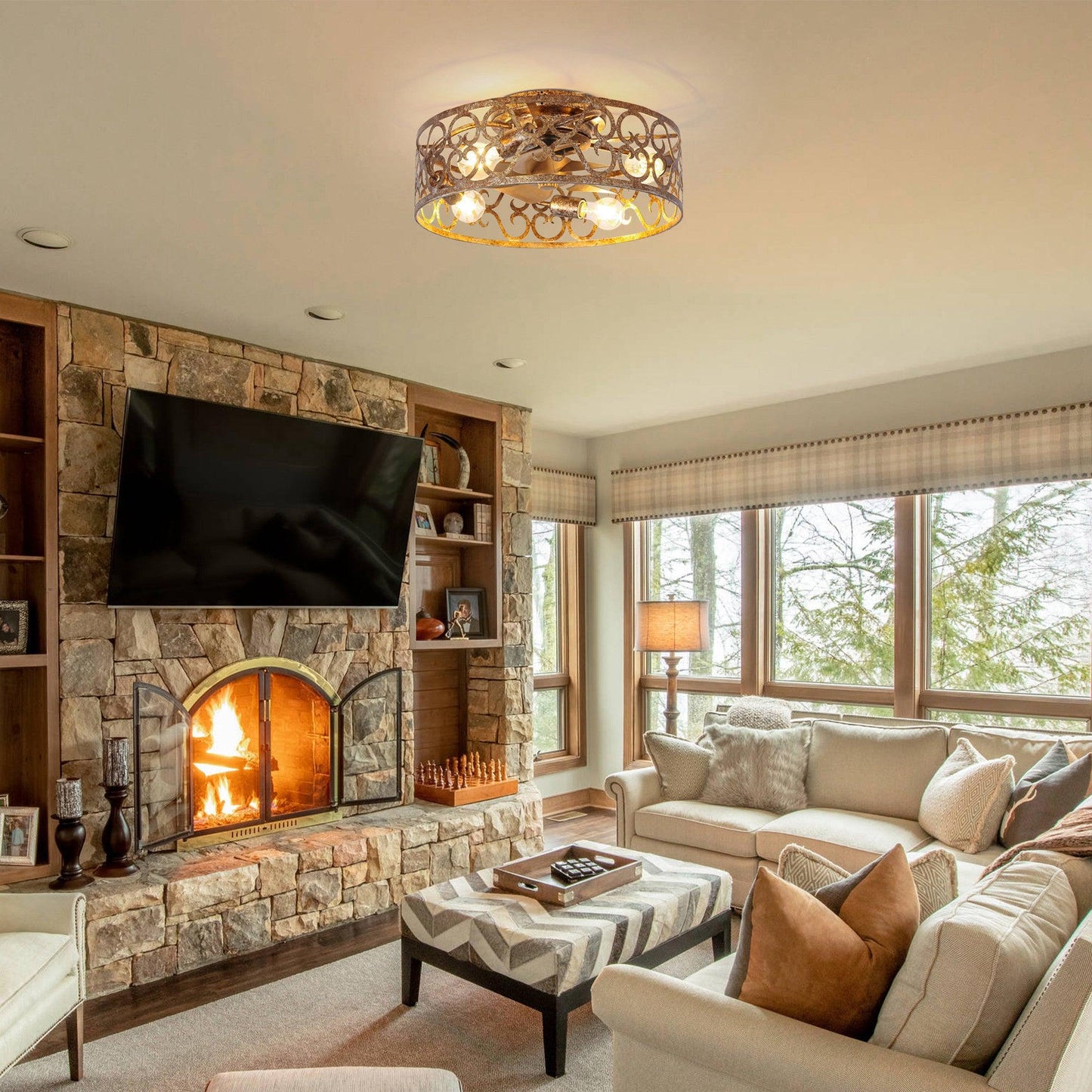 18 Inch Vintage Distressed Golden Industrial Flush Mount Ceiling Fan with Light APP and Remote Control