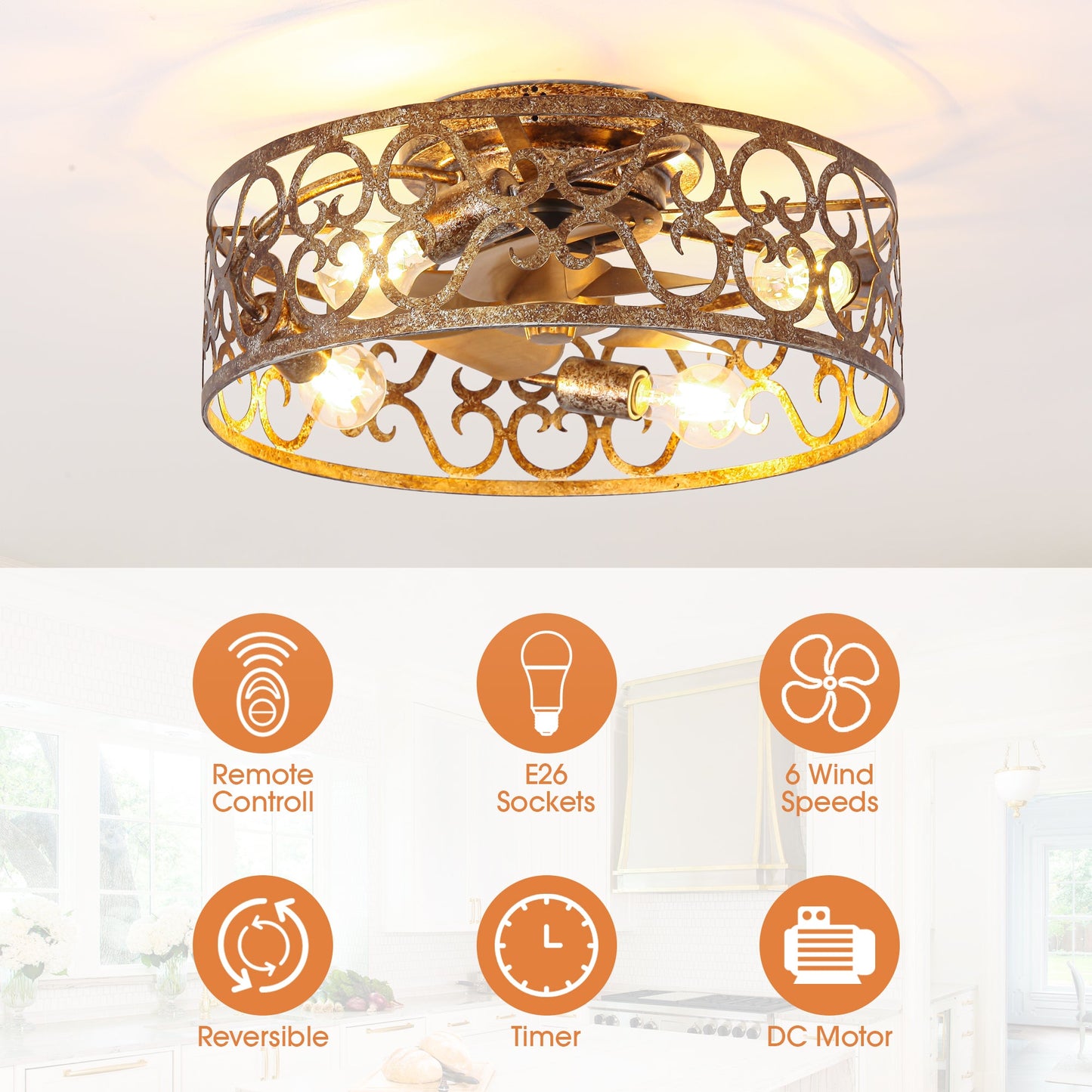 18 Inch Vintage Distressed Golden Industrial Flush Mount Ceiling Fan with Light APP and Remote Control