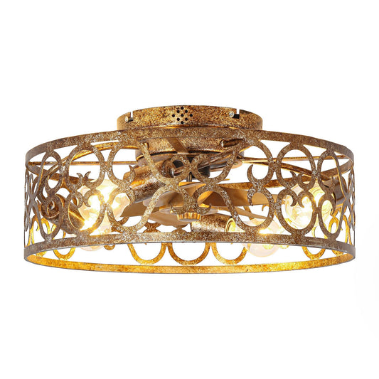 18 Inch Vintage Distressed Golden Industrial Flush Mount Ceiling Fan with Light APP and Remote Control