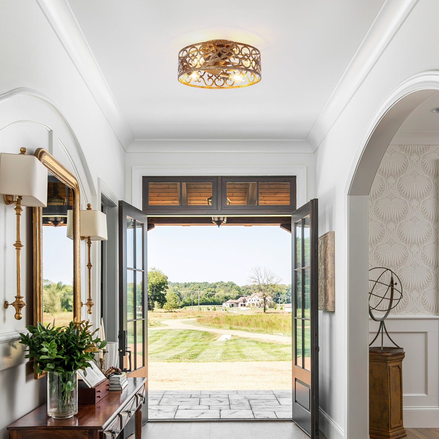 18 Inch Vintage Distressed Golden Industrial Flush Mount Ceiling Fan with Light APP and Remote Control