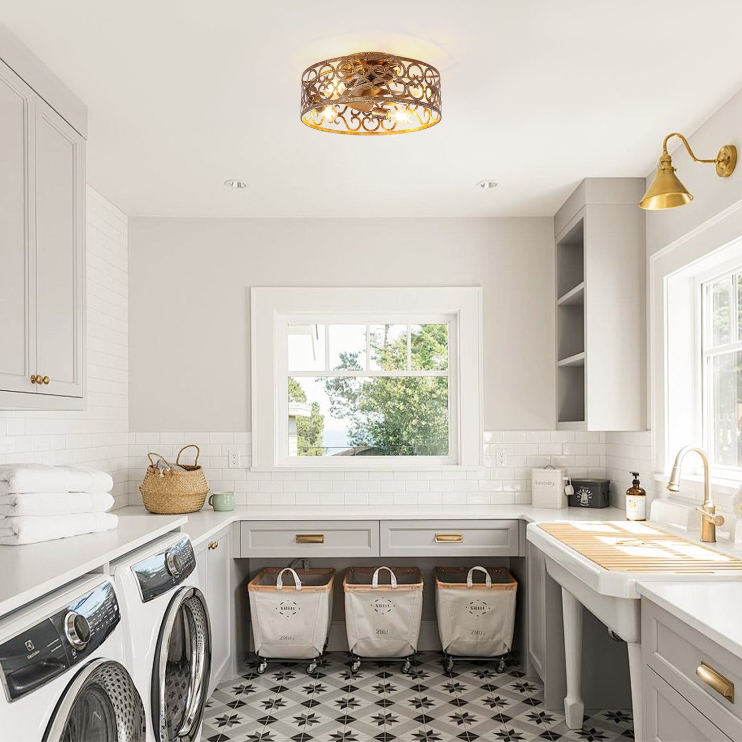 18 Inch Vintage Distressed Golden Industrial Flush Mount Ceiling Fan with Light APP and Remote Control