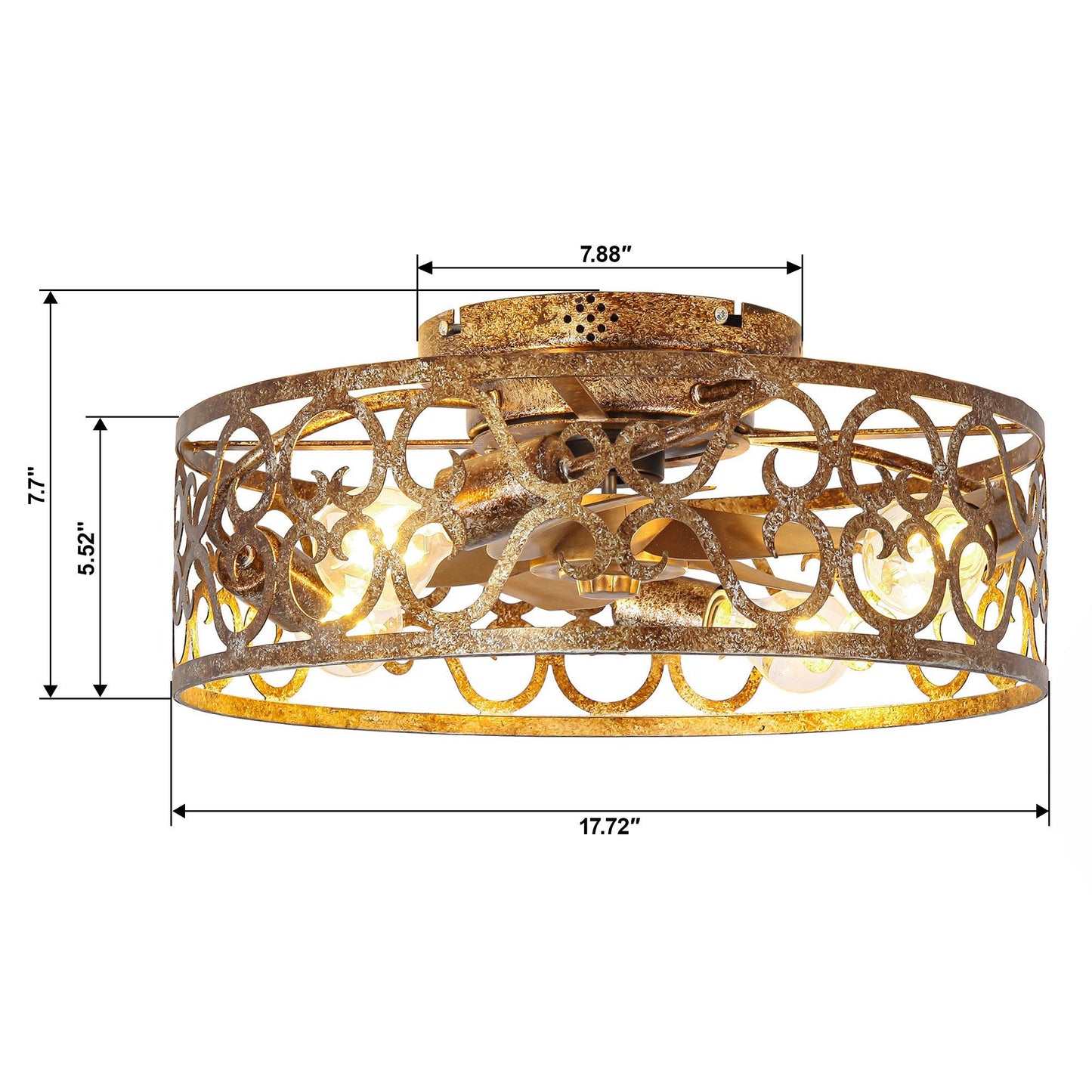 18 Inch Vintage Distressed Golden Industrial Flush Mount Ceiling Fan with Light APP and Remote Control