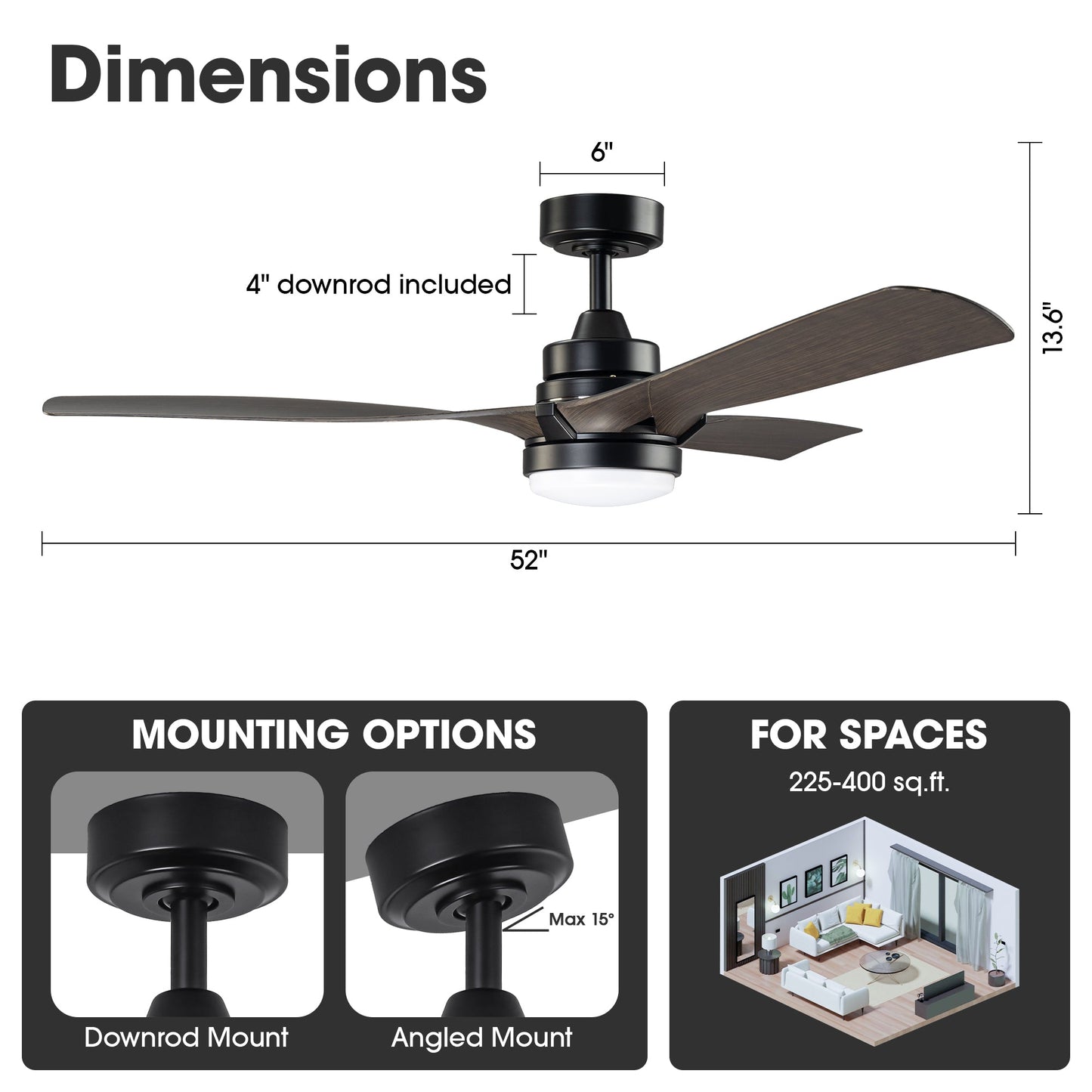 52 Inch Ivy Industrial Downrod Mount LED Ceiling Fan with Remote Control