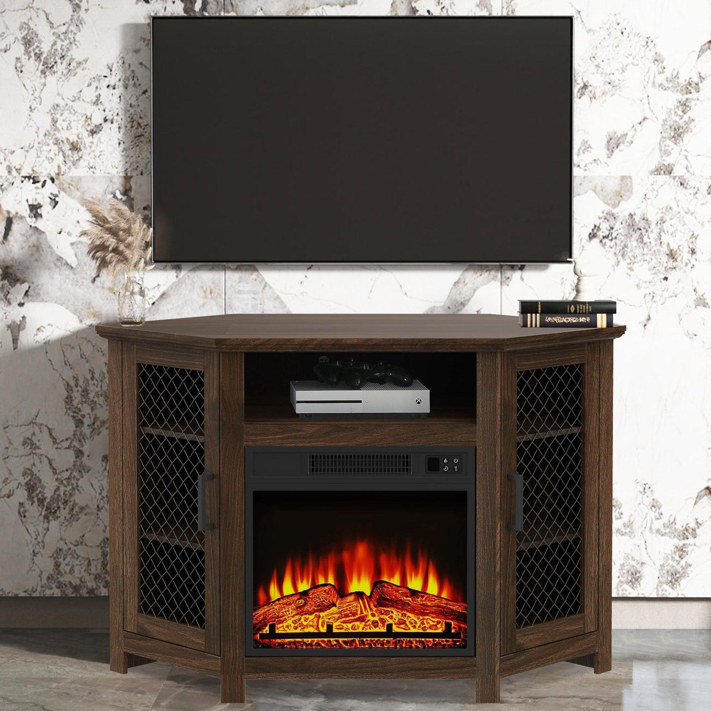 45" Corner Electric Fireplace TV Stands Console Table Insert 18" Electric Fireplace with 2 Metal Mesh Doors
