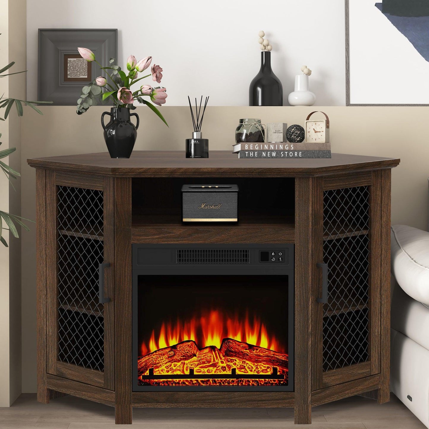 45" Corner Electric Fireplace TV Stands Console Table Insert 18" Electric Fireplace with 2 Metal Mesh Doors