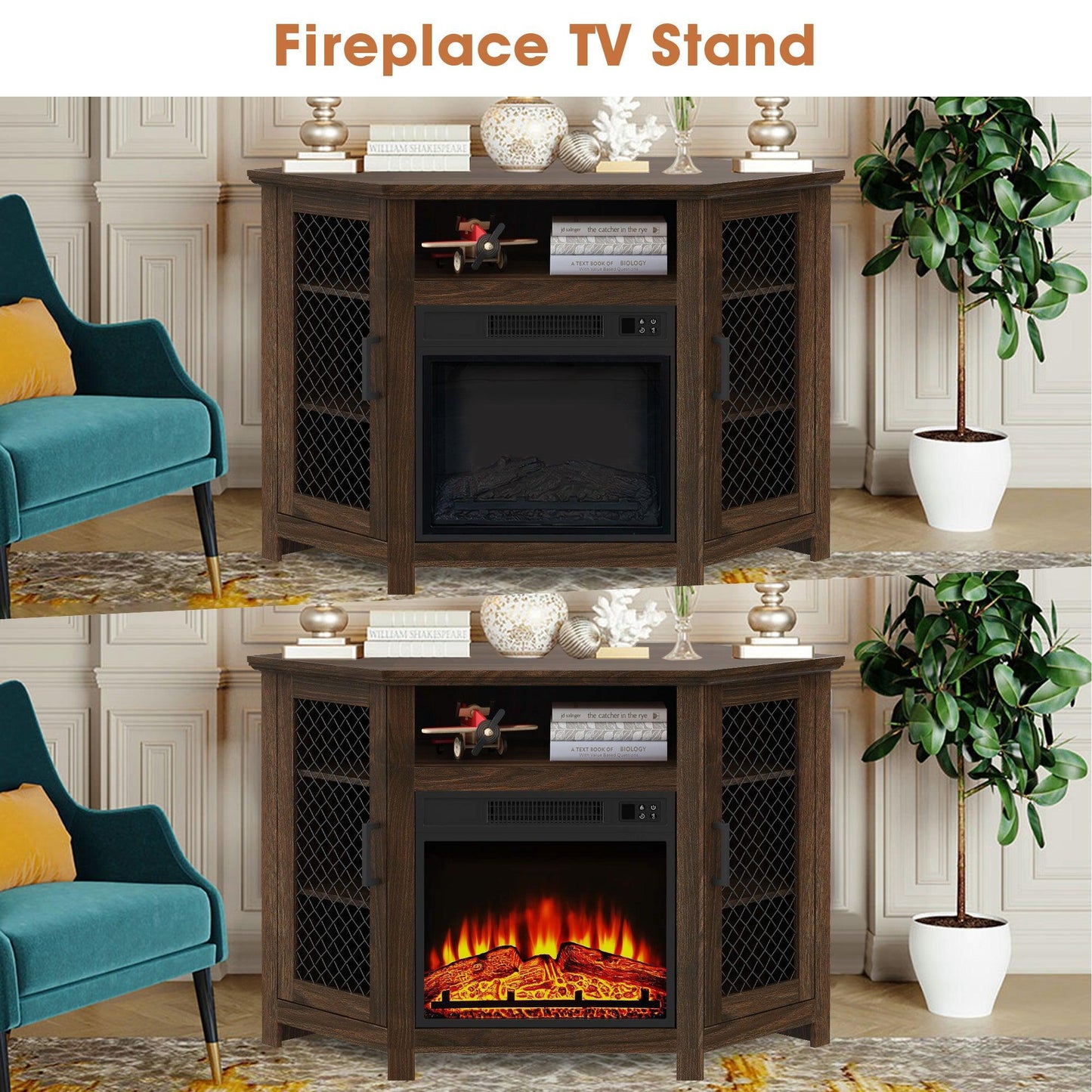 45" Corner Electric Fireplace TV Stands Console Table Insert 18" Electric Fireplace with 2 Metal Mesh Doors