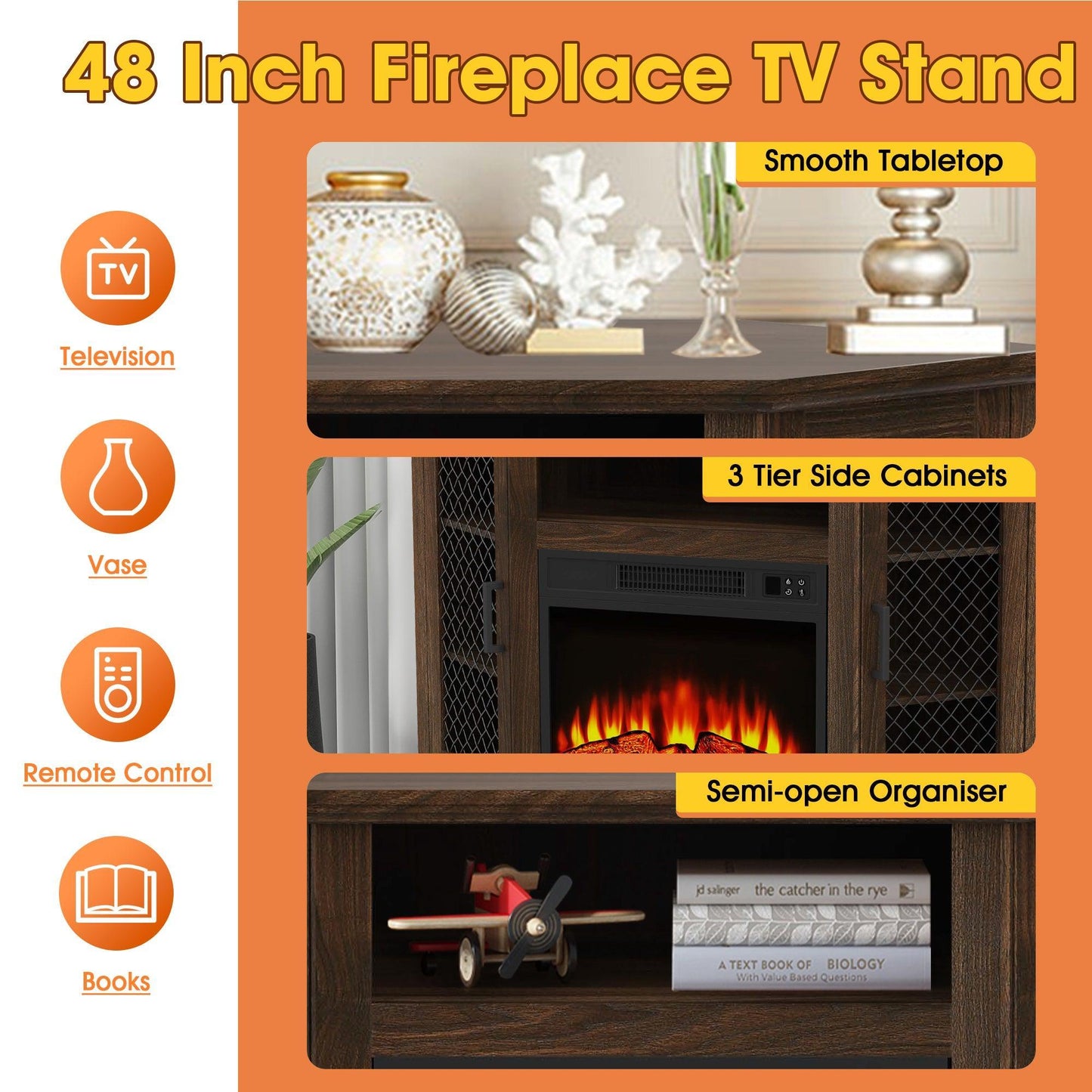 45" Corner Electric Fireplace TV Stands Console Table Insert 18" Electric Fireplace with 2 Metal Mesh Doors